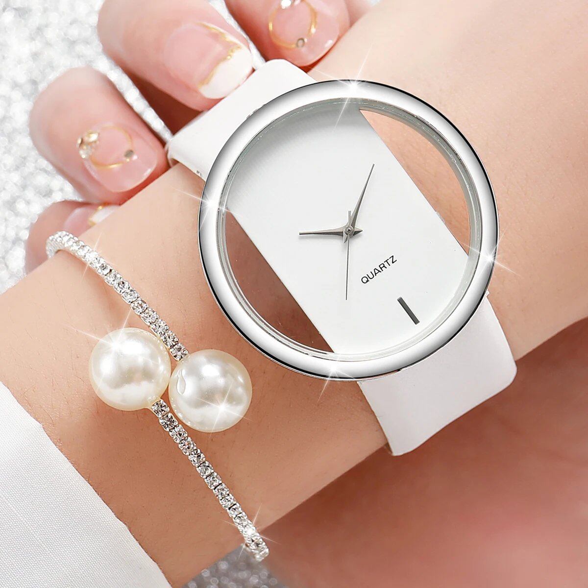 Set of 2 Women's Pearl and Diamond Bracelet Watches with Open-Cut Dials, Leather Bands, and Quartz Movement (No Box) Color: V1388, Bygen, Pearl and Diamond, Parallel Import