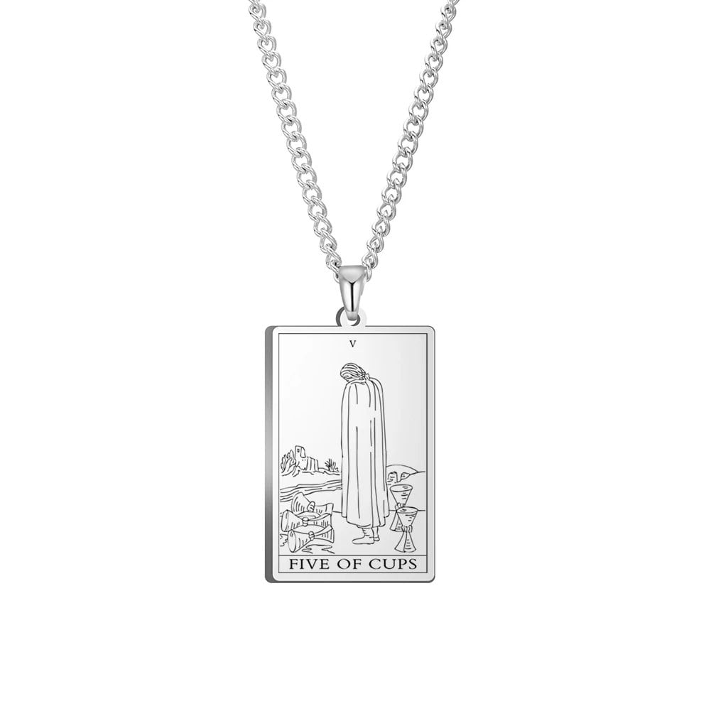 Dawapara Cups Tarot Card Link Chain Pendant Necklace, Vintage Amulet Necklace for Men and Women, Stainless Steel, Parallel Import