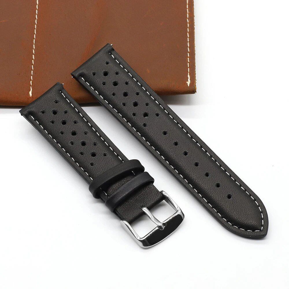 Vintage Handmade Leather Watch Strap, 18mm, 19mm, 20mm, 22mm, 24mm, Racing Gray, Black, Brown, Blue, Ventilated, Band Color: mm, Parallel Import