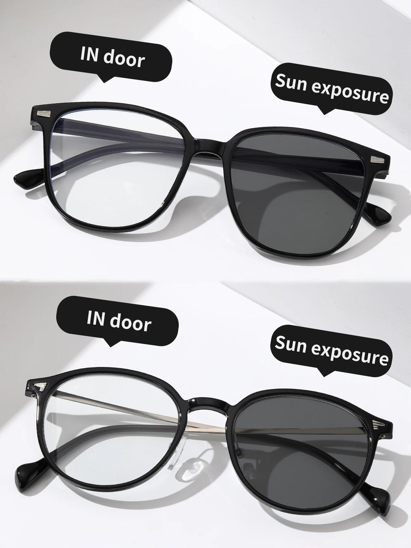 Set of 1, 2, or 3 Classic Unisex Square Frame Photochromic Eyeglasses for Everyday Life and Fishing. Lens Color: Parallel Import.