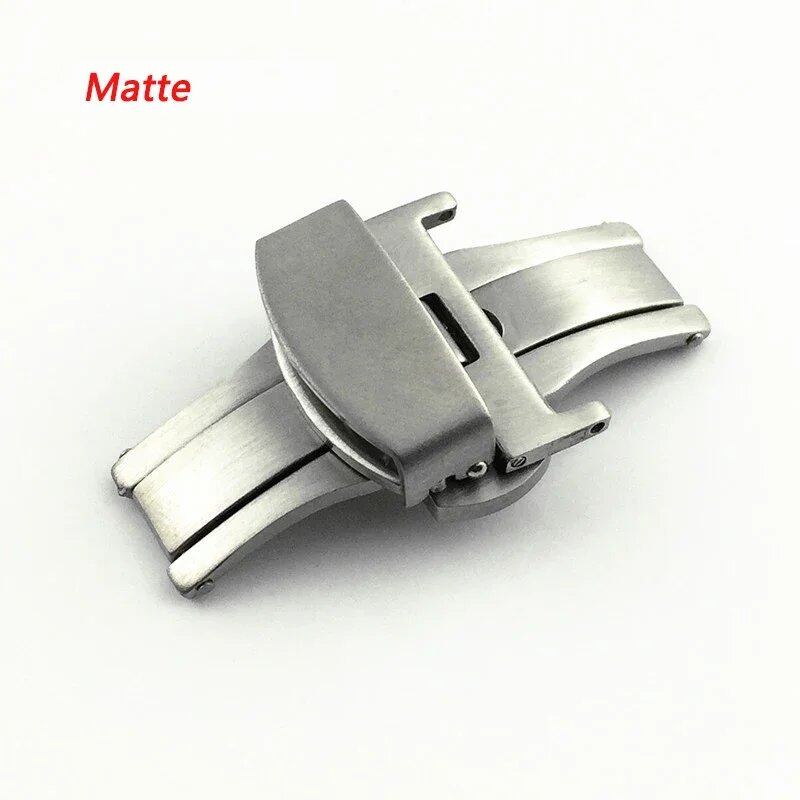 Stainless steel butterfly buckle with polished/matte buttons for watch bands in sizes 16mm, 20mm, 22mm, 24mm, 10/12/14mm. Available in mm band colors. Parallel import.