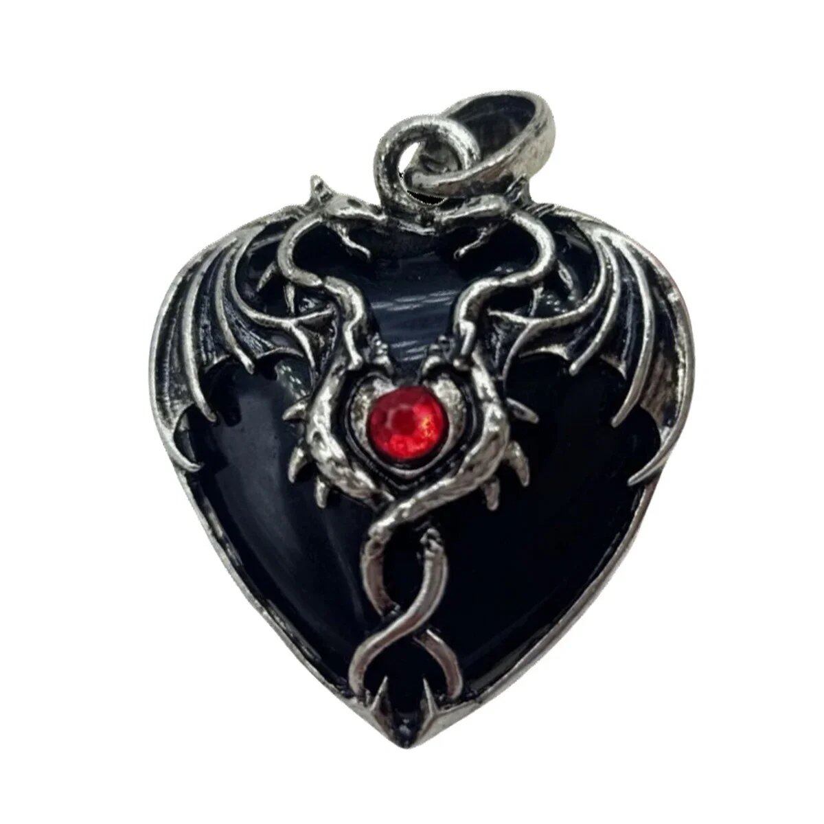 Natural Power Stone Heart-Shaped Antique Silver Alloy Double Dragon Pendant Top for DIY Jewelry Making, Healing, Chakra, and Spiritual Use, 32x42mm, Metal Color: Parallel Import