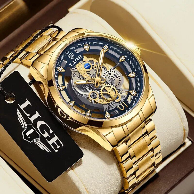 LIGE New Men's Skeleton Quartz Watch, Gold, Retro, Top Brand, Luxury Watch, Men's, Relo Hombre, Color: Parallel Import