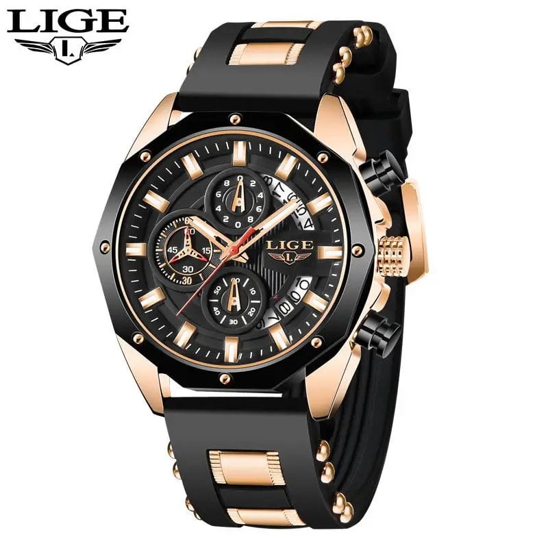 LIGE Fashion Men's Watch, Top Brand Luxury Silicone Sports Watch with Quartz Movement, Date Display, Waterproof Chronograph, Color: Parallel Import