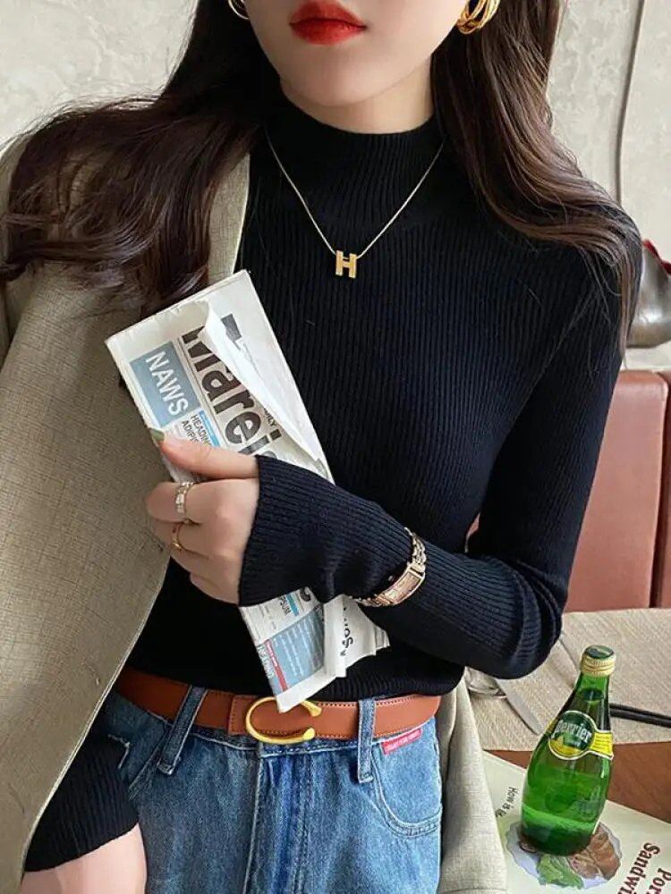 Women's Autumn/Winter Mock Neck Sweater, Vintage Basic Solid Knit Korean Style Top, Casual Slim Pullover Sweater, Simple Chic Jumper, Size: One Size Fits Most; Imported