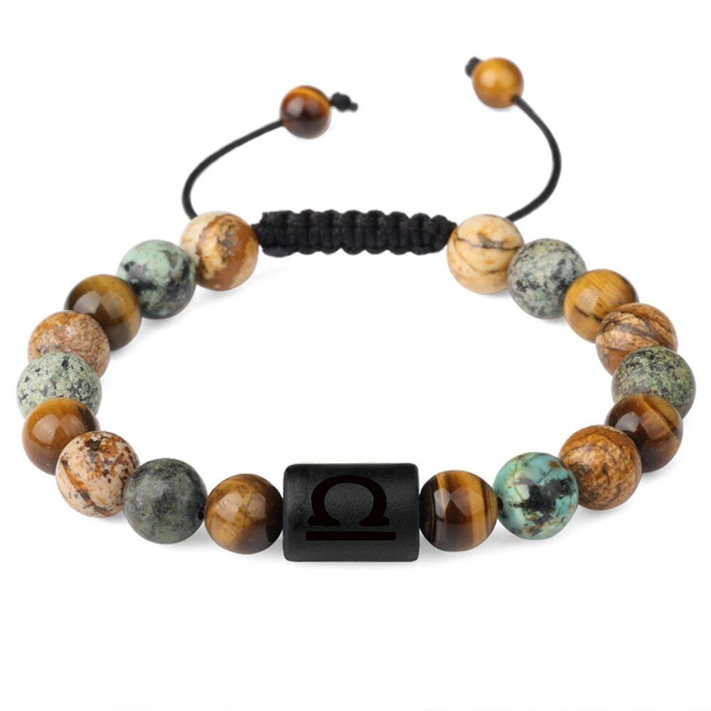 12 Zodiac Sign Beaded Bracelet, Natural Tiger Eye Stone, Zodiac Sign Bracelet for Men and Women, Charm Jewelry, Gift, Metal Color: Parallel Import