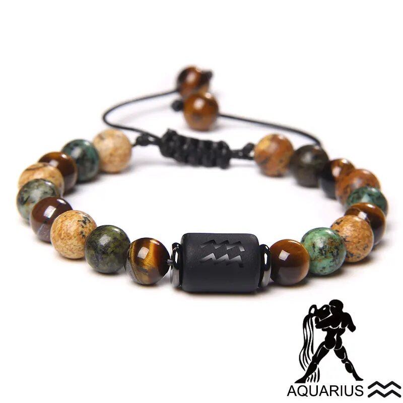 12 Zodiac Signs Bracelet, Natural Turquoise and Tiger Eye Stones, Braided Bracelet, Jewelry for Women and Men, Couples Gift, Adjustable Length; Metal Color: Parallel Import