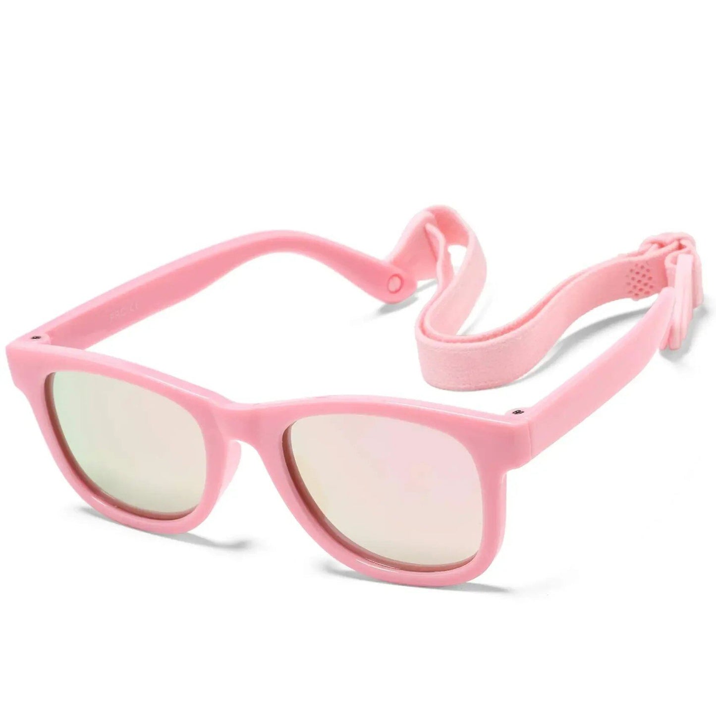 Flexible, polarized sunglasses for newborns (0-24 months) with straps, square silicone frame, mirrored finish, UV400 protection. Frame color: 0-24 months; Lens color: None. Parallel import.