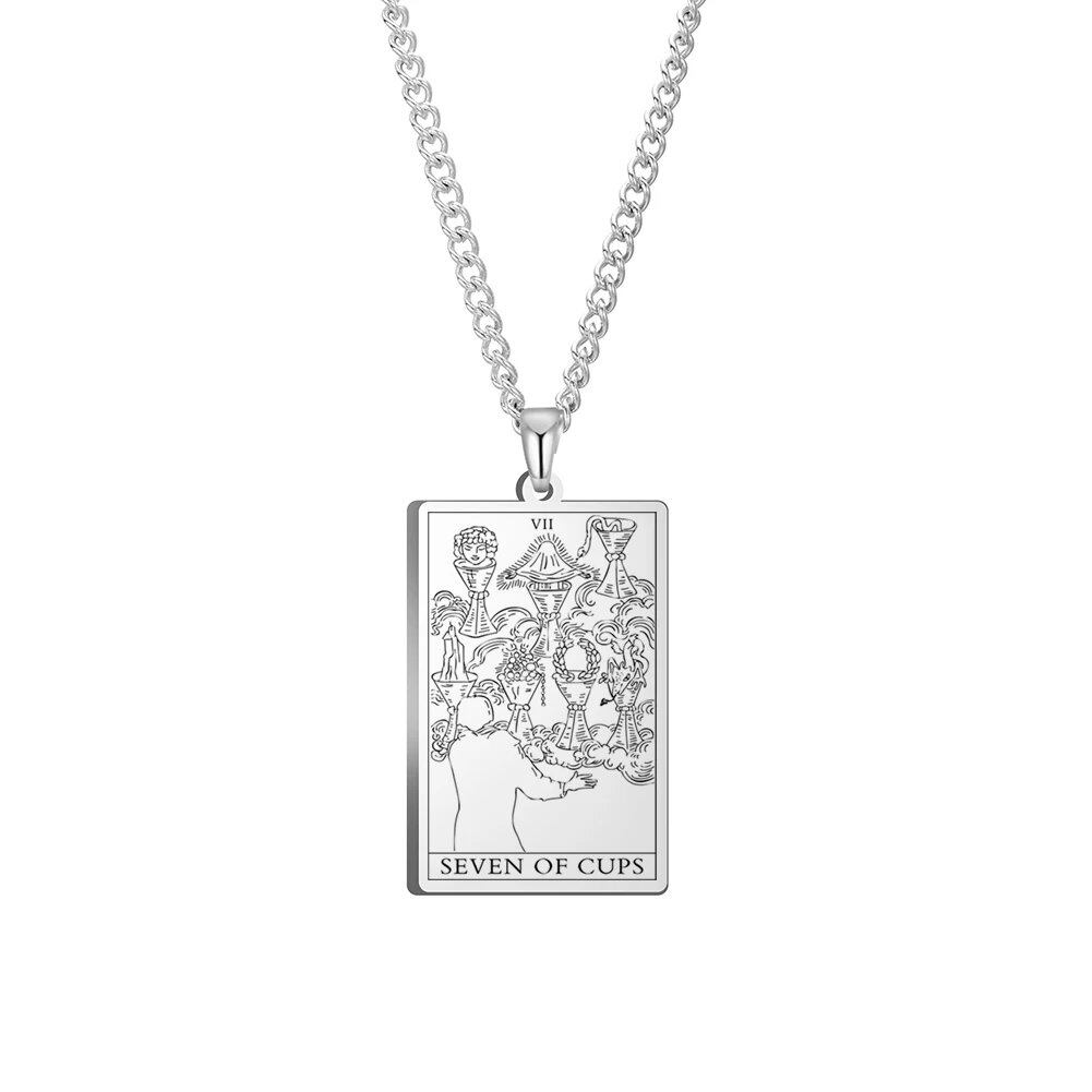 Dawapara Cups Tarot Card Link Chain Pendant Necklace, Vintage Amulet Necklace for Men and Women, Stainless Steel, Parallel Import