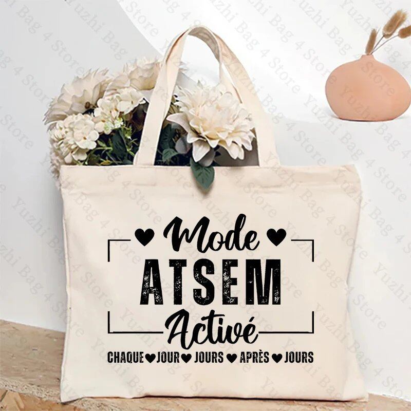 ATSEM フランス語 プレゼント トートバッグ - 教育アシスタント・保育プロフェッショナル向け コンパクトショッピングバッグ 女性用ショルダーバッグ カラー 並行輸入品