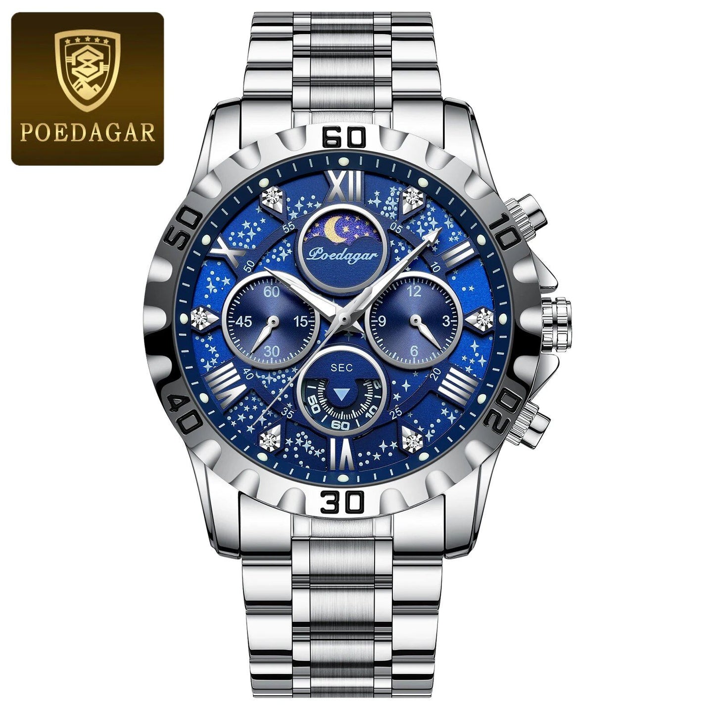 POEDAGAR Luxury Men's Military Sport Quartz Watch with Luminous Chronograph, Stainless Steel, Color: 973, Imported