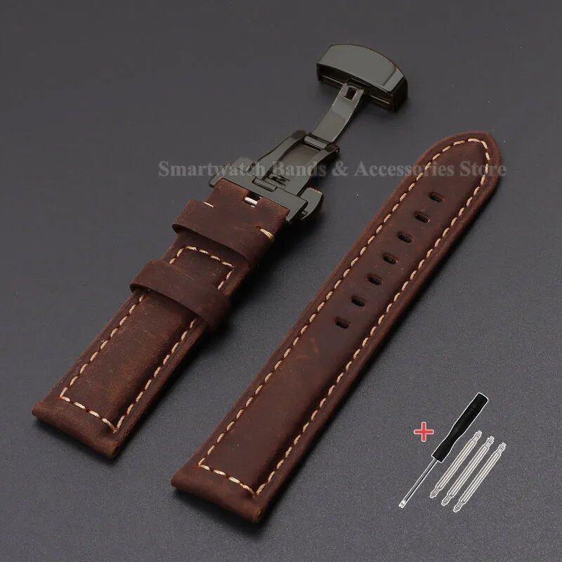 Vintage-style calf leather strap for Panerai and Seiko watches in sizes 20mm, 22mm, 24mm, and 26mm. Features a metal butterfly clasp. Band color: mm. Parallel import.