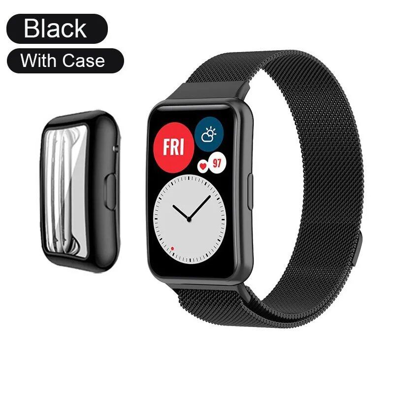 Huawei Watch Fit Metal Band Strap with Case and TPU Screen Protector, Compatible with Huawei Watch Fit 2, Milanese Bracelet, Magnetic Loop Watch Band, Band Color: Parallel Import