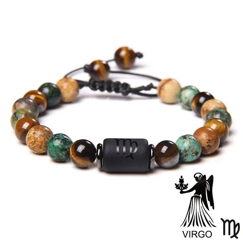 12 Zodiac Signs Bracelet, Natural Turquoise and Tiger Eye Stones, Braided Bracelet, Jewelry for Women and Men, Couples Gift, Adjustable Length; Metal Color: Parallel Import