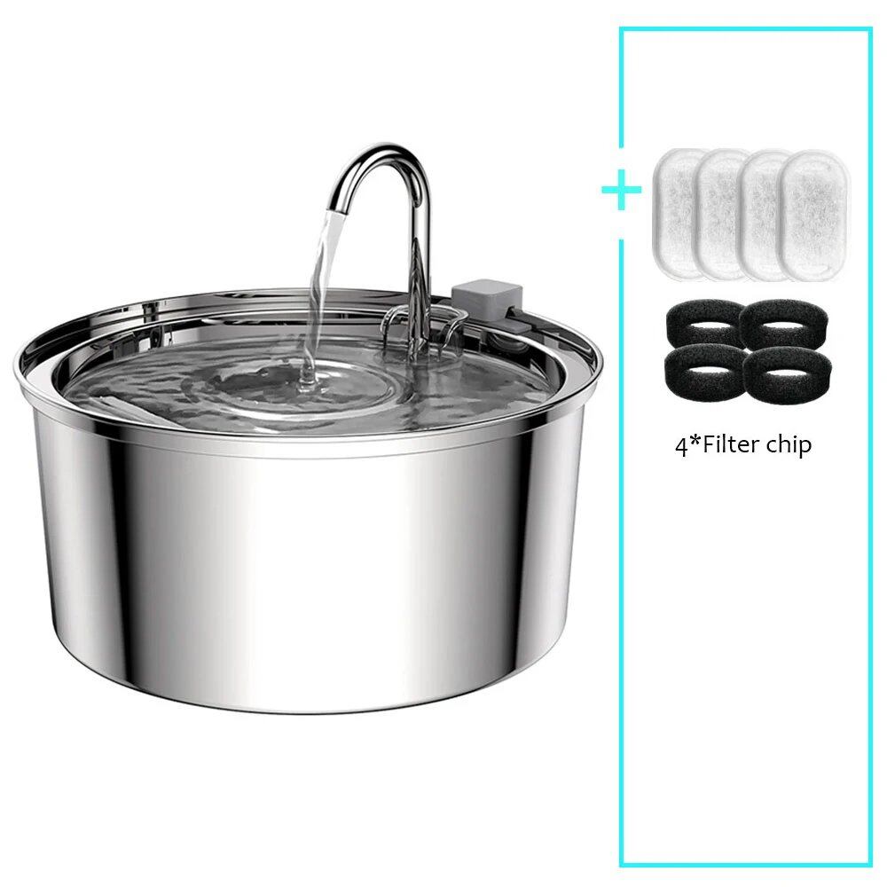 Stainless steel automatic pet waterer, USB rechargeable, silent, with filter, for cats and dogs. Color: Black; Capacity: 3.2L. Imported.