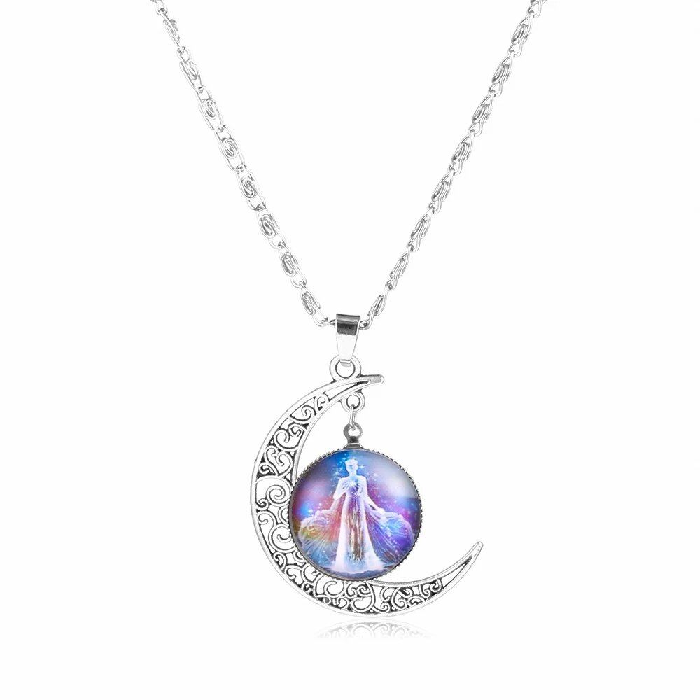 12 Zodiac Signs Glass Dome Crescent Moon Necklace for Women, Stylish Party Jewelry (Compatible with Aries, Taurus, Cancer, Aquarius, and Pisces), Metal Color, Parallel Import