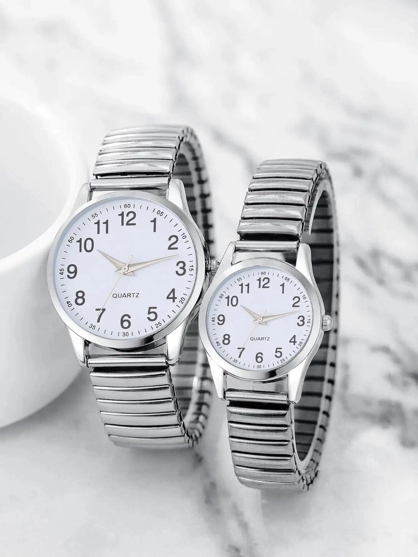 Set of 2 Black Alloy Arabic Numerals Quartz Watches for Men and Women, Elastic Elasto Band, Couple's Gift Set, Color: Parallel Import