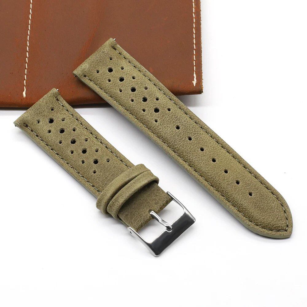 Vintage Handmade Leather Watch Strap, 18mm, 19mm, 20mm, 22mm, 24mm, Racing Gray, Black, Brown, Blue, Ventilated, Band Color: mm, Parallel Import