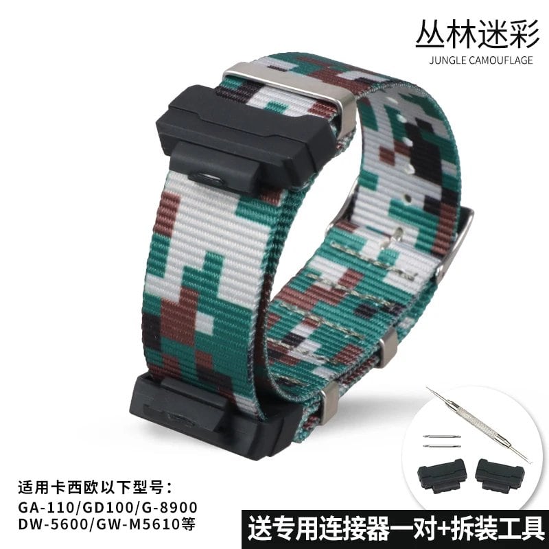 Camouflage Nylon Watch Strap for G-SHOCK - Compatible with CASIO G-SHOCK GA-110/300/DW6900/GD120/G-5600/GW-M5610/GLS8900, Imported