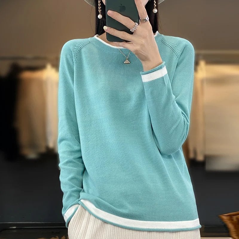 100%コットン レディース ニットウェア 春夏新作 ゆったりラウンドネックセーター カラーデザイン コットンリネン ボトムスシャツ サイズ:;発送元: 並行輸入品