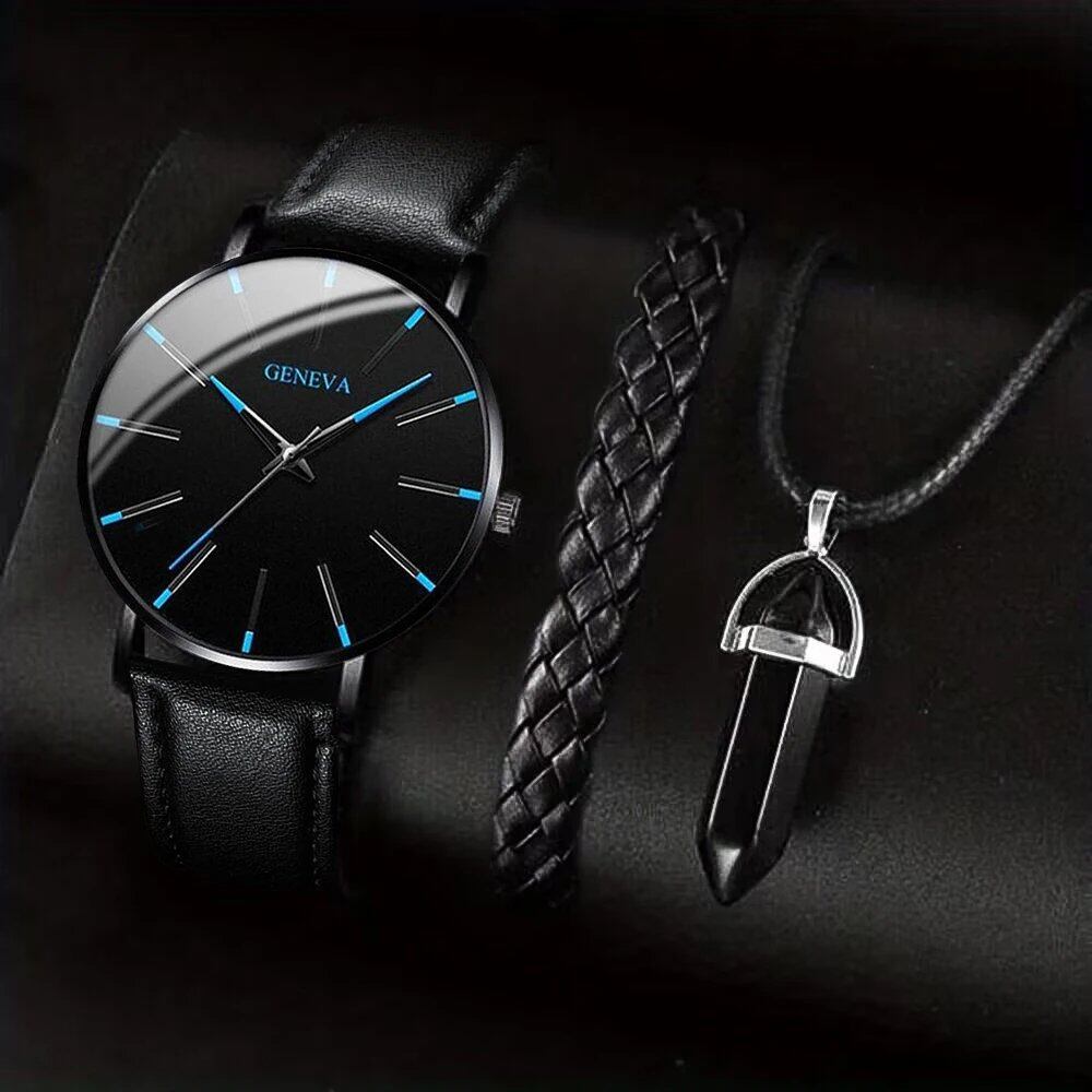 Set of 3 Men's Fashion Watches with Casual Leather Straps, Quartz Watches, and Business Watches, Bracelet & Necklace Set, Color: Set, Parallel Import
