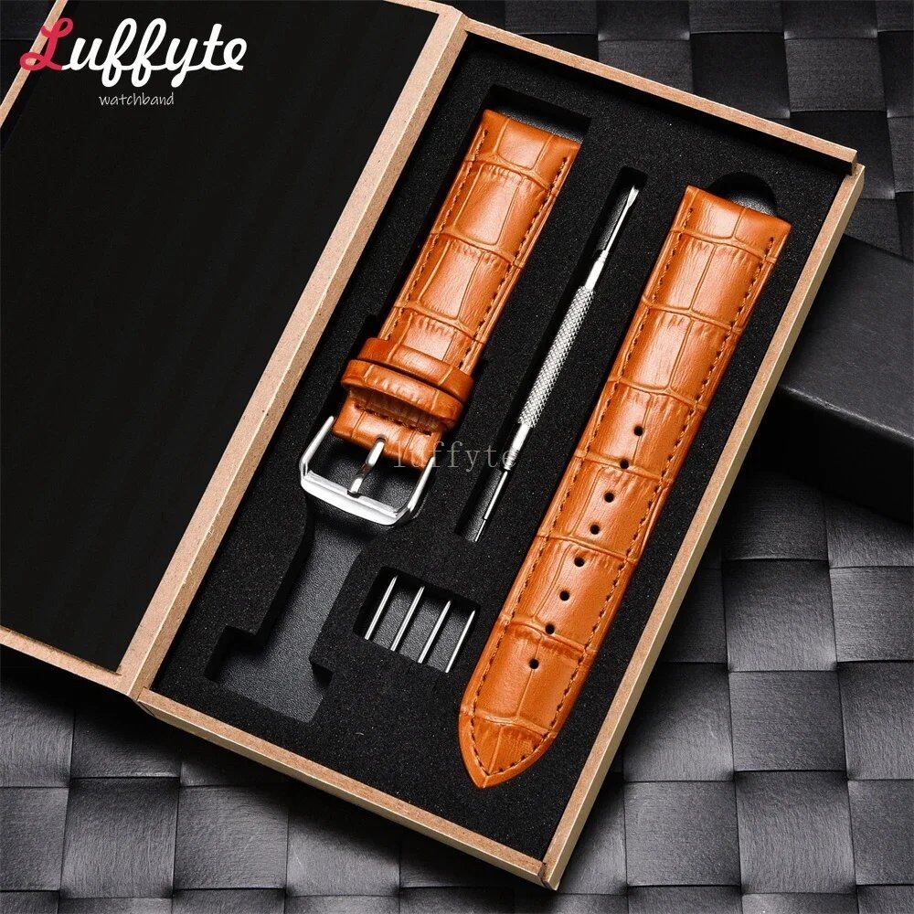 Embossed Cowhide Leather Watch Strap, 18mm, 20mm, 22mm, 24mm, Boxed, Business Replacement Watch Band, Band Color: mm; Shipped from: Parallel Import