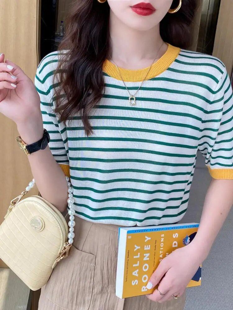 Women's Striped Knit Top, Round Neck, Summer Print, Short Sleeve, Casual, Simple, Wild T-Shirt, Size: One Size; Striped, Parallel Import