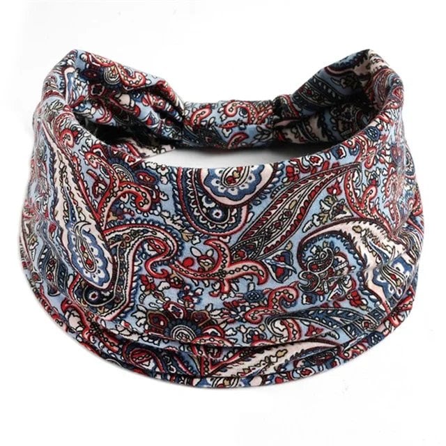 New Boho Floral Print Wide Headband with Vintage Knot Elastic Turban Headwrap for Women and Girls, Cotton Soft Bandana Hair Accessory, Parallel Import