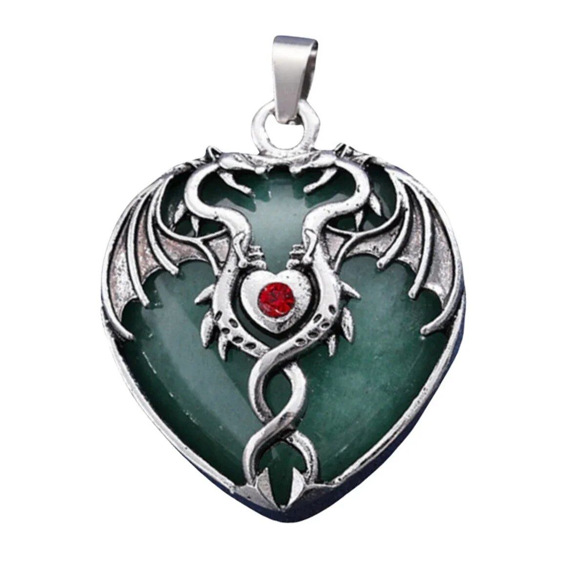 Natural Power Stone Heart-Shaped Antique Silver Alloy Double Dragon Pendant Top for DIY Jewelry Making, Healing, Chakra, and Spiritual Use, 32x42mm, Metal Color: Parallel Import