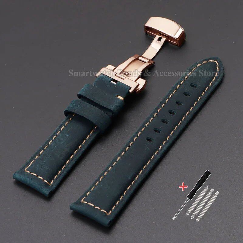 Vintage-style calf leather strap for Panerai and Seiko watches in sizes 20mm, 22mm, 24mm, and 26mm. Features a metal butterfly clasp. Band color: mm. Parallel import.