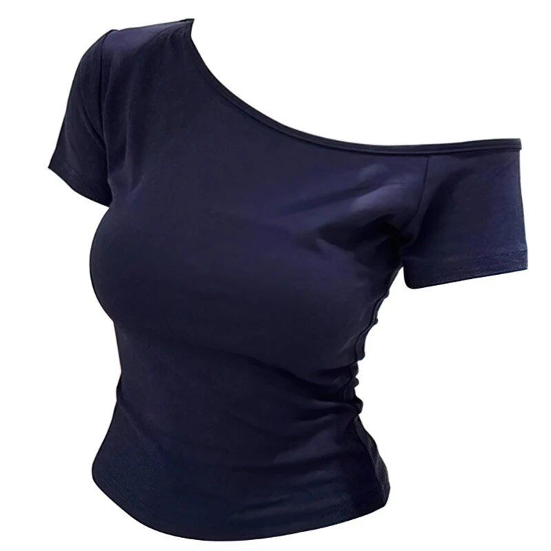 100%リブ綿 夏用オフショルダートップ 女性用 スリムフィット ボディコンシャス 半袖Tシャツ レディース セクシーベーシックティー 韓国風チック サイズ:;カラー:ネイビーブルー 並行輸入品