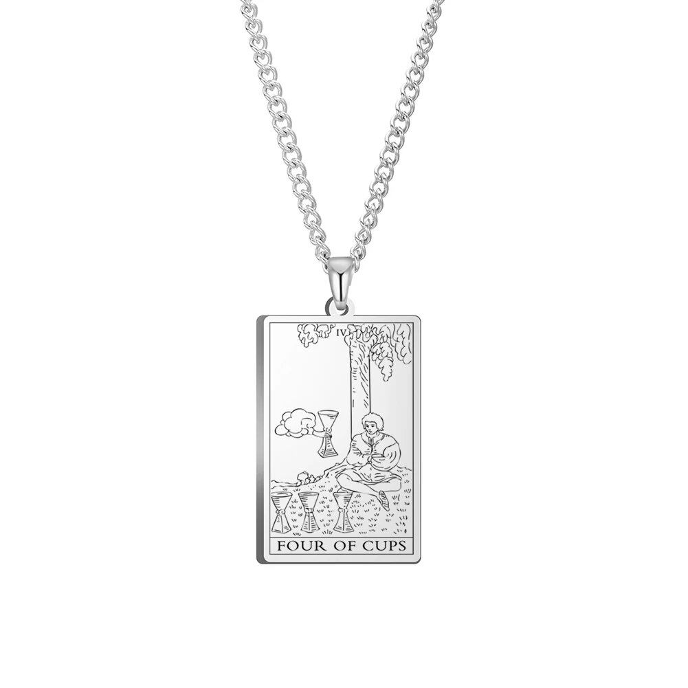 Dawapara Cups Tarot Card Link Chain Pendant Necklace, Vintage Amulet Necklace for Men and Women, Stainless Steel, Parallel Import