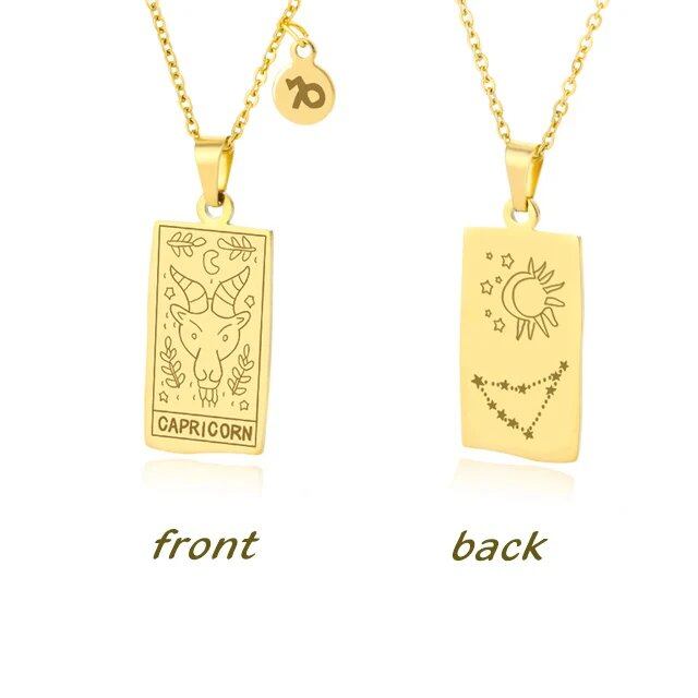 Stainless Steel 12 Zodiac Sign Necklace for Women, Zodiac Pendant, Gold Plated Square Clavicle Chain, Birthday Jewelry, Metal Color: Parallel Import