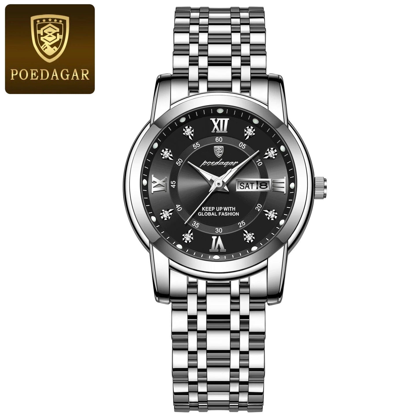 POEDAGAR Luxury Women's Watch, Waterproof, Luminous, Date and Day Display, Stainless Steel, Elegant Dress Quartz Movement, Color: 769 S, Parallel Import