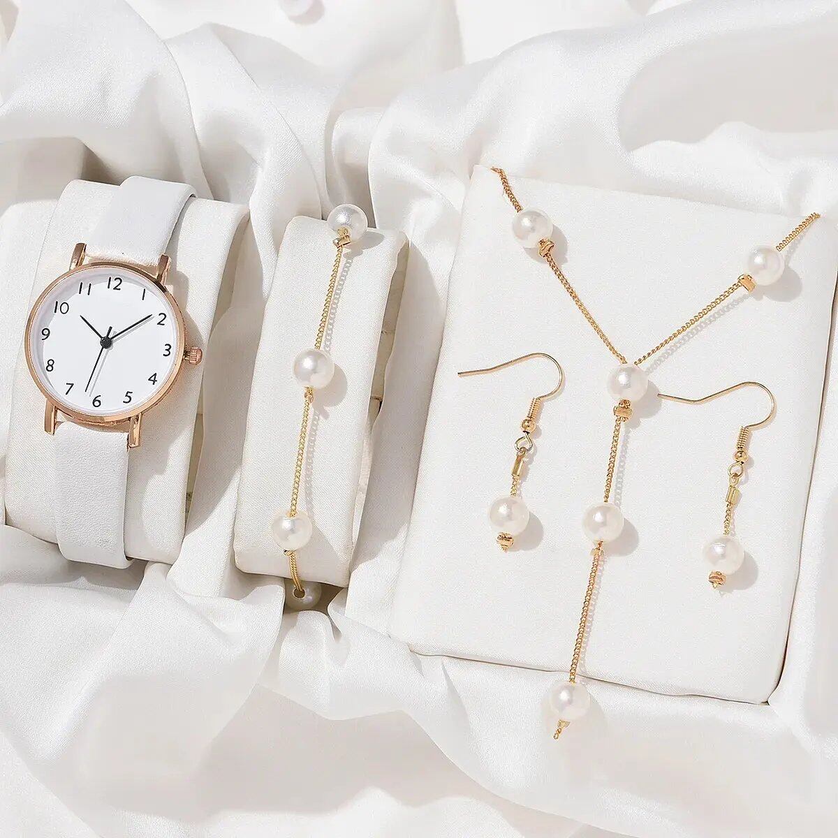 Luxury 4-Piece Women's Watch Set: Round Face, Rhinestone, Elegant Quartz Wristwatches, Rose Gold, Color: ZY001 - Parallel Import