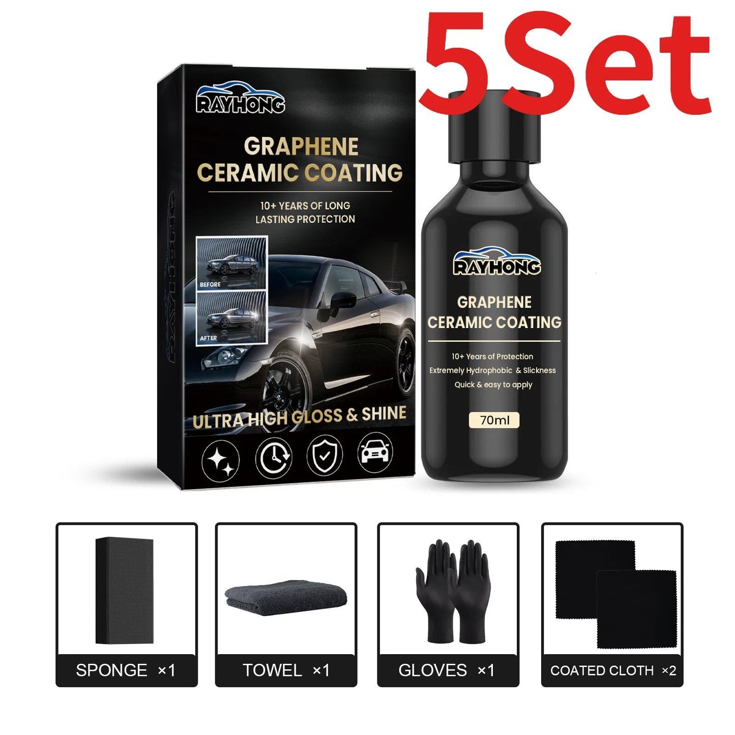 1-5x Nano Ceramic Coating with Advanced Graphene Technology, Ultra Water-Repellent Maintenance Liquid, UV Glow, Water-Repellent, Paint Protection, Color: Set, Parallel Import