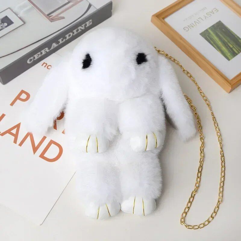 Cute Fluffy Rabbit Pom Pom Chain Bag for Women, Cartoon Rabbit Sling Bag, Plush Bunny Shoulder Backpack, Birthday Gift for Girls, Parallel Import