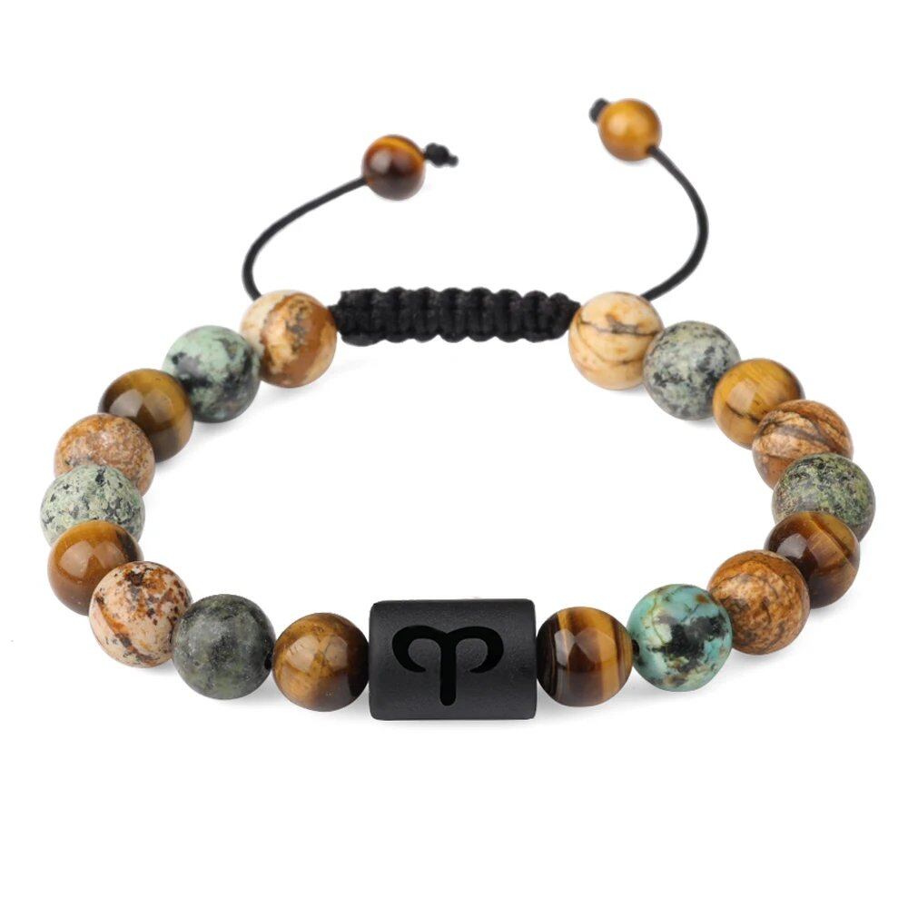 12 Zodiac Sign Beaded Bracelet, Natural Tiger Eye Stone, Zodiac Sign Bracelet for Men and Women, Charm Jewelry, Gift, Metal Color: Parallel Import