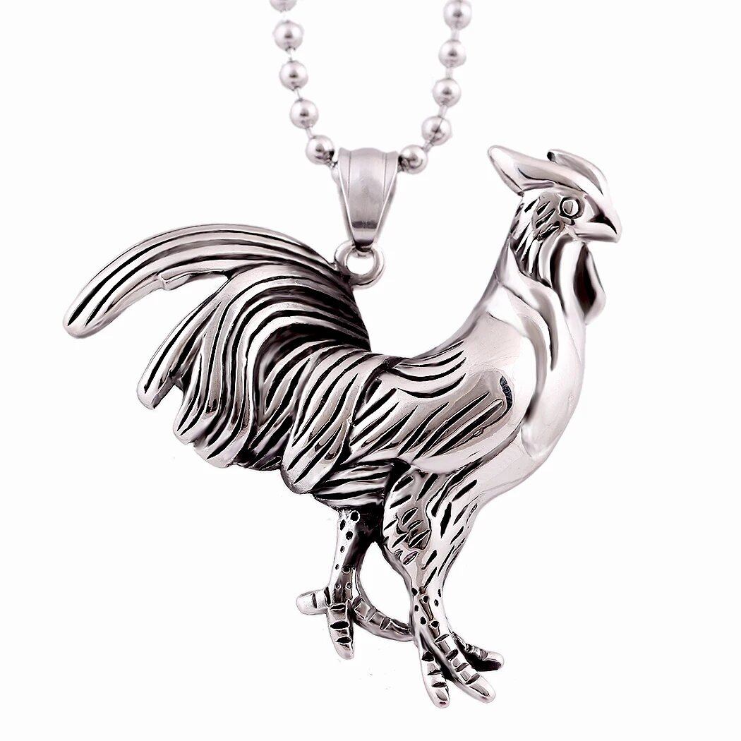 316L Stainless Steel Zodiac Cock Pendant & Necklace with Steel Ball Chain, Unique Walking Chicken Necklace, Metal Color, Parallel Import