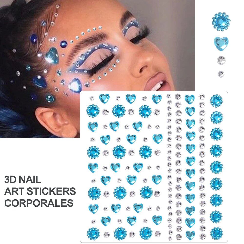 1/5/8-Piece 3D Face and Eye Tattoo Stickers for Party Makeup, Diamond Rhinestone Stickers, Self-Adhesive Mixed Crystal Face Decoration Stickers, Parallel Import