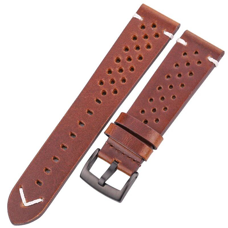 Handmade, Breathable Cowhide Leather Watch Band, 18, 20, 22, 24mm, Men's and Women's, 4 Colors, Oil Waxed, Genuine Leather Strap, Watch Accessories, Band Color: mm, Parallel Import