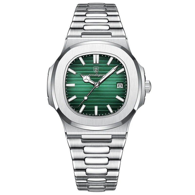 POEDAGAR Stainless Steel Men's Watch, Waterproof, Business Style, with Calendar, Quartz Movement, Luxury Laminated Square Design, Parallel Import