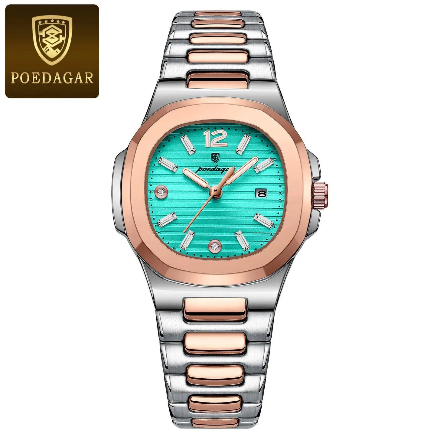 POEDAGAR Women's Luxury Square Watch, Waterproof, Illuminated, Date Function, Elegant Quartz Movement, Simple Design, Color: 708, Parallel Import