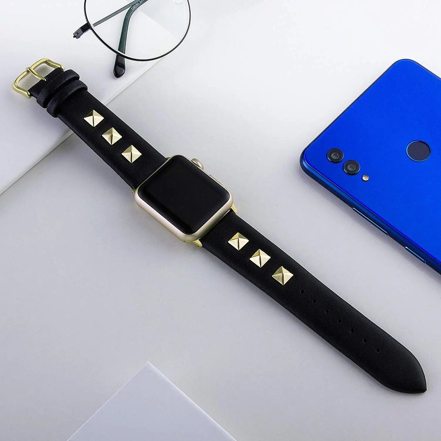 Rivet Leather Band for Apple Watch Ultra (49mm) - Compatible with 8/7/6/5/4/SE Models, 41mm/45mm/40mm/44mm Sizes - Bracelet Loop for iWatch 3/2/1 (38mm/42mm) Band Color: mm, Parallel Import