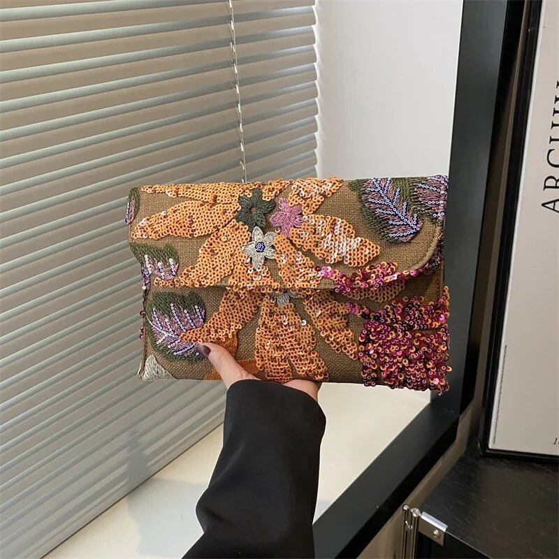 女性用 花刺繍 スパンコール イブニングクラッチバッグ エンベロープ型 ビーチバッグ ウェディング 旅行 休暇用 サイズ:(最大長20cm以上30cm未満); 並行輸入品