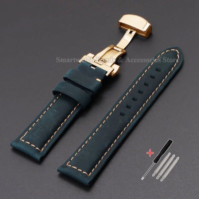 Vintage-style calf leather strap for Panerai and Seiko watches in sizes 20mm, 22mm, 24mm, and 26mm. Features a metal butterfly clasp. Band color: mm. Parallel import.