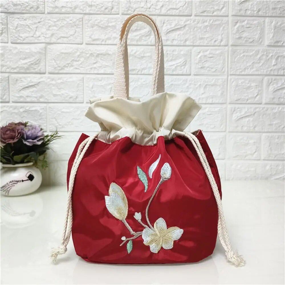 Satin Silk Embroidered Flower Handbag, Ruffle Mommy Bag, Hanfu Drawstring Bag, Korean Style Lunch Bag, Floral Bucket Bag, Outdoor Bag, Parallel Import