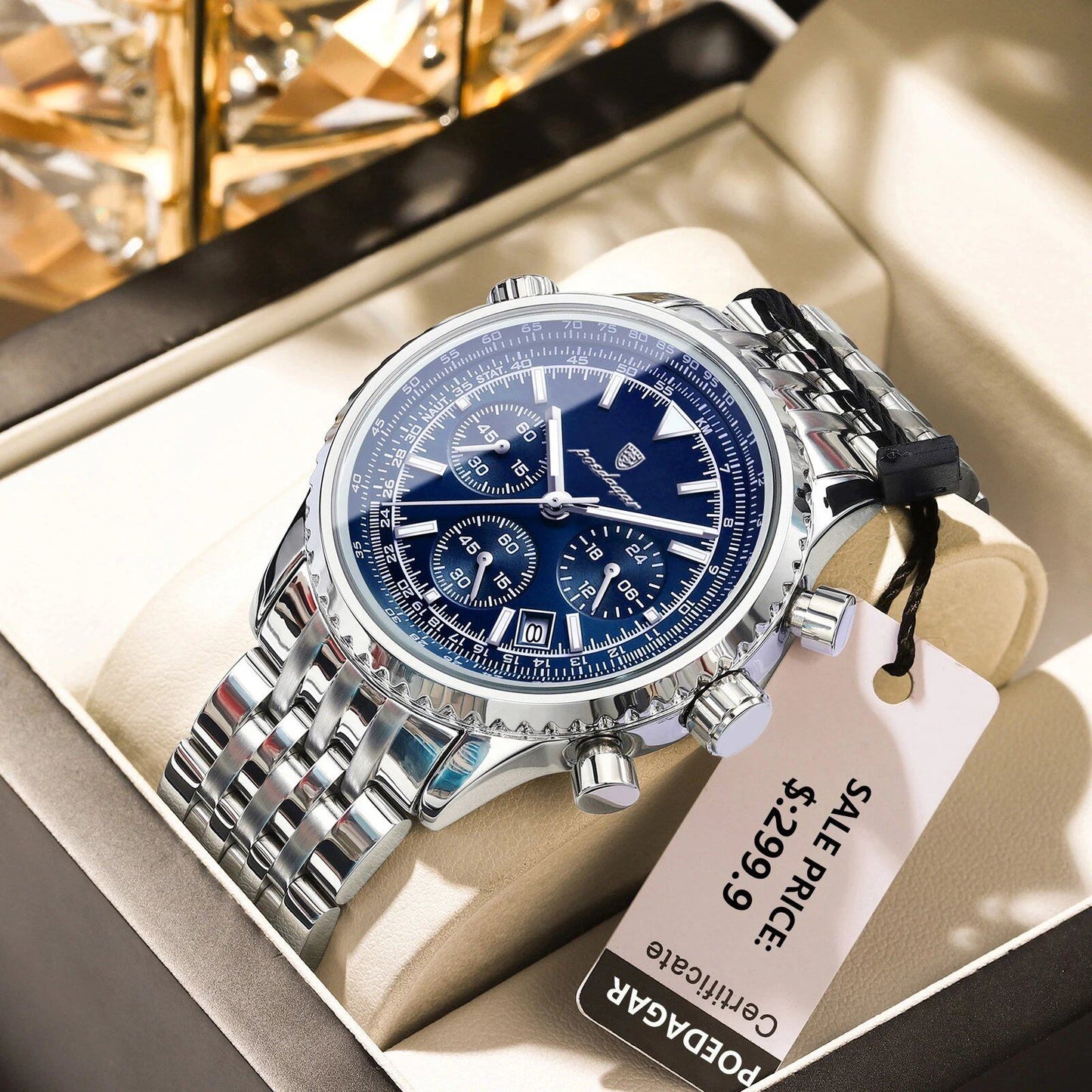POEDAGAR Men's Luxury Watch with Date Display, Chronograph, Stainless Steel, Waterproof, Luminous, Sports, Military Quartz, Color: 960, Parallel Import