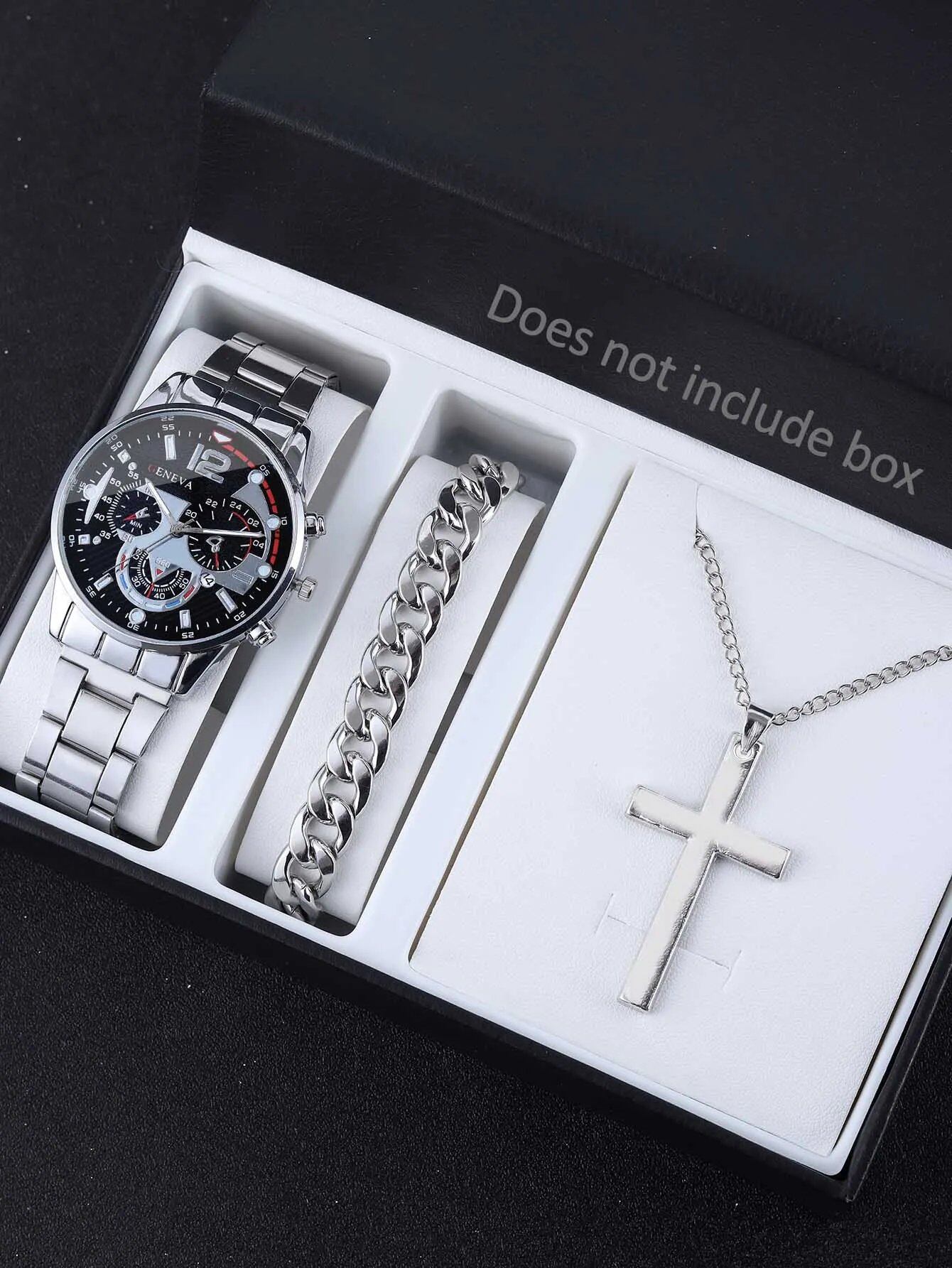 Set of 3 Business-Style Silver-White Mechanical Men's Alloy Quartz Watches with Calendar and Alloy Necklace Bracelet Set (Color: Silver, Parallel Import)
