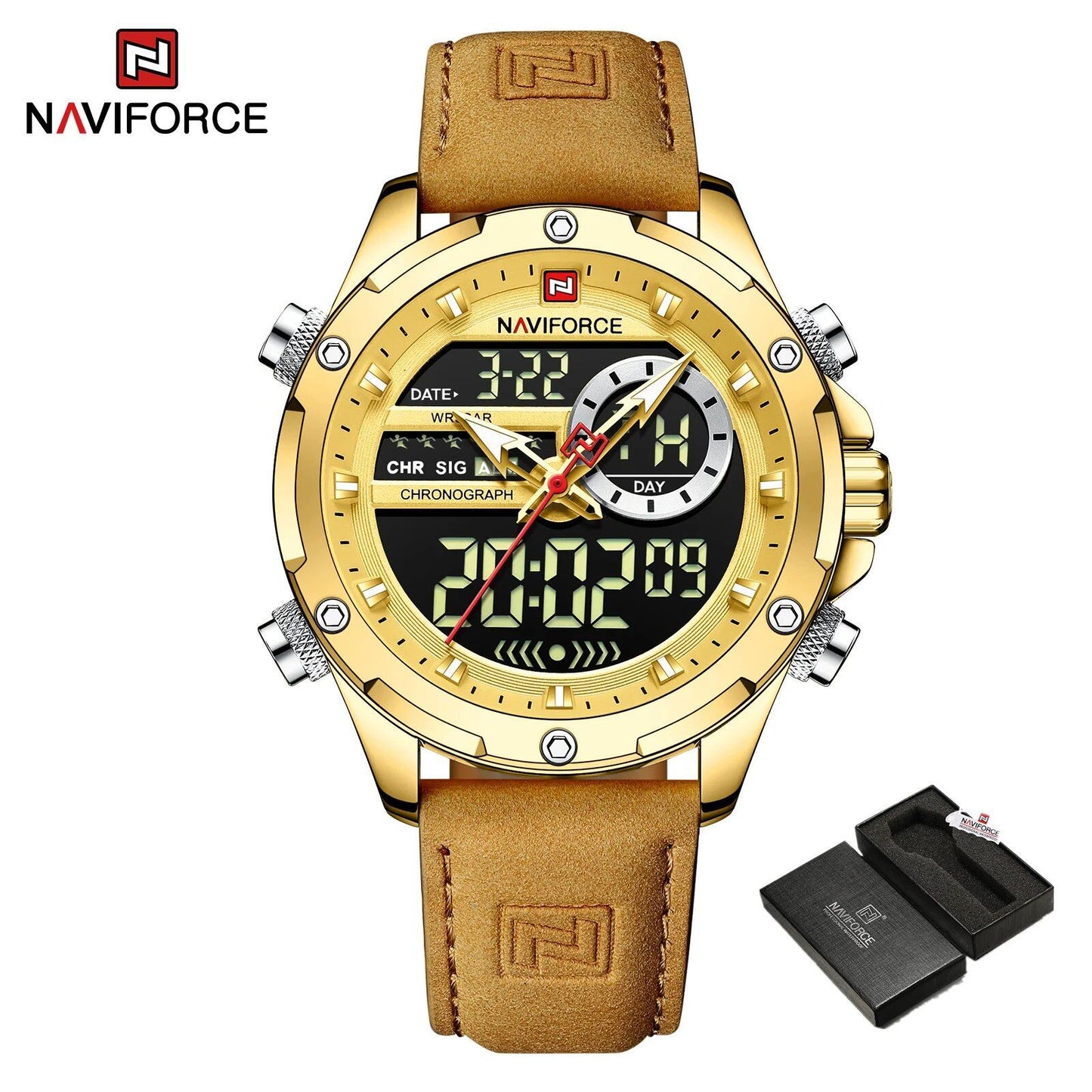 NAVIFORCE Men's Luxury Original Watch, Casual Sports Watch with Chronograph, Alarm, Quartz Movement, Leather Strap, Waterproof, Digital Watch, 9163, Color: Parallel Import